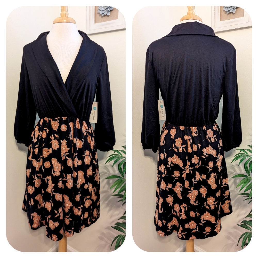 French Grey Floral Velvet Plunging Collared Neck Mini Dress Black Orange Large